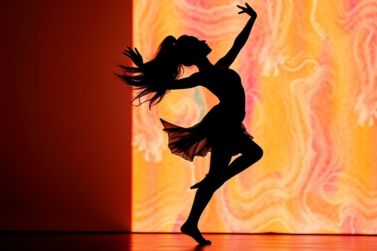 Create a silhouette of a dancer in a dynamic pose against a vibrant background, with a shallow depth of field, using a DSLR camera at f/2.8, ISO 100, with a 50mm lens, shot in natural light from a low angle to enhance the fluidity of movement.
