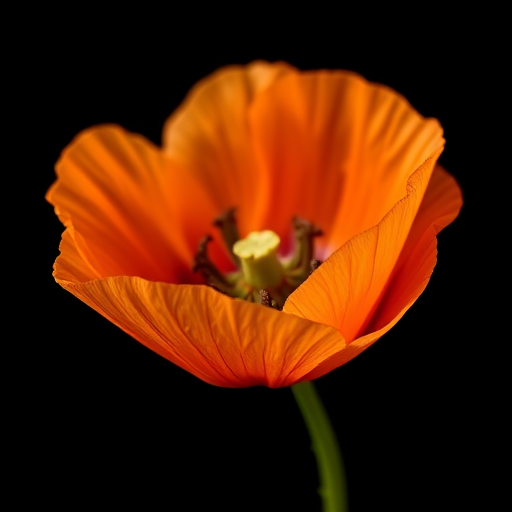 macro shot of a vibrant orange poppy flower with intricate texture details, black background, f-stop 2.8, ISO 100, 50mm lens, natural light, DSLR camera
