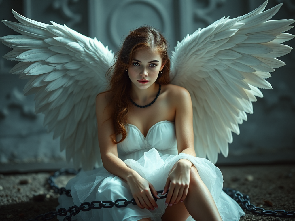 female angel with white wings sitting in chains, soft lighting, shallow depth of field, high contrast, 50mm lens, f/1.8, ISO 100, portrait orientation, cinematic style, DSLR camera