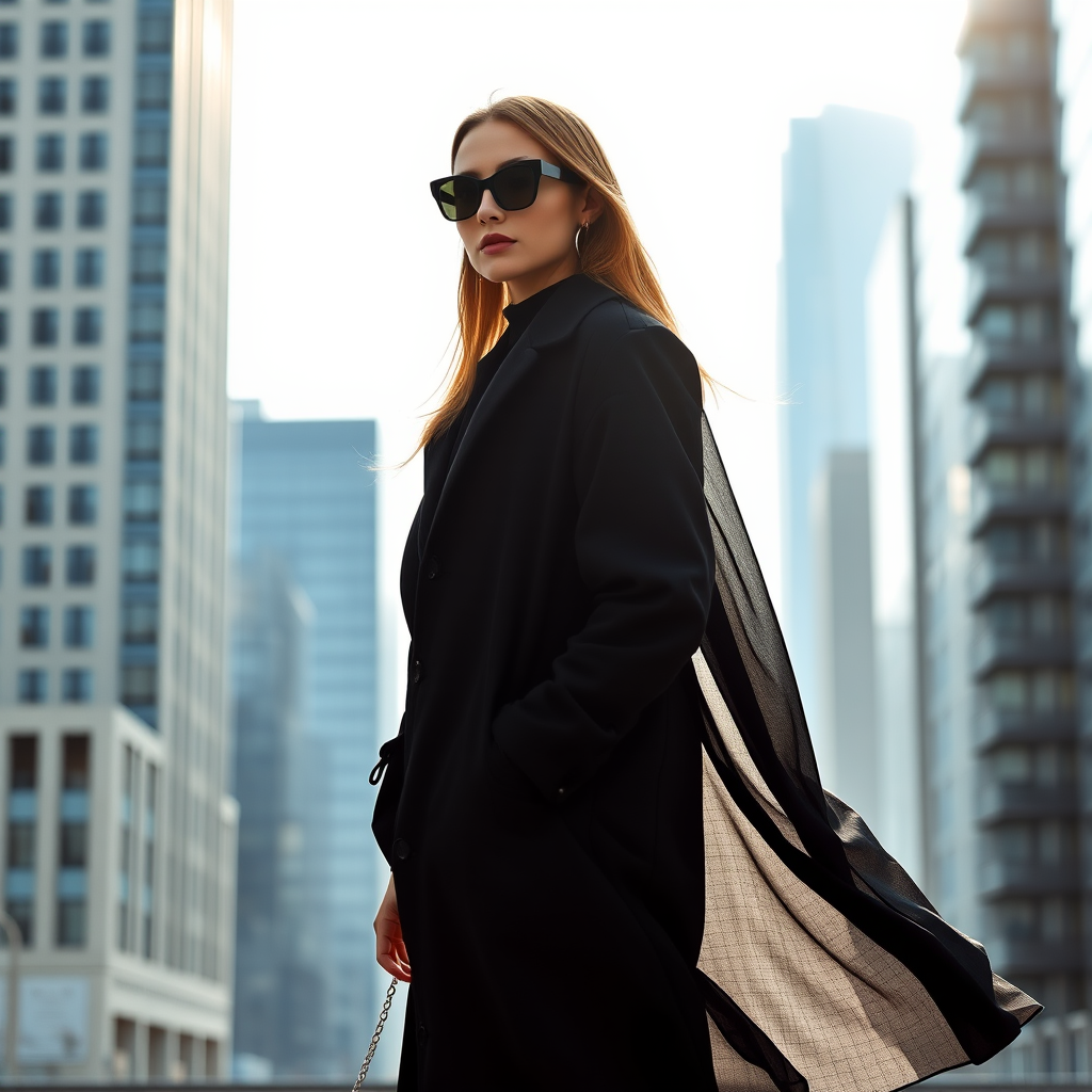 Cityscape backdrop, fashionable attractive model , wearing black shades, oversized coat, minimalist accessories, urban chic vibe, Shoot against a strong backlight using a 50mm f/1.2 lens to create a soft, silhouetted profile, highlighting the flow and transparency of the fabric