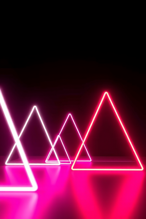 Create a 3D abstract geometric scene featuring glowing neon triangular shapes in a dark gradient background, using a Canon EOS R5, 50mm lens, f/1.8 aperture, ISO 100, 1/125s shutter speed, with a low angle view and soft lighting for enhanced depth and vibrancy.