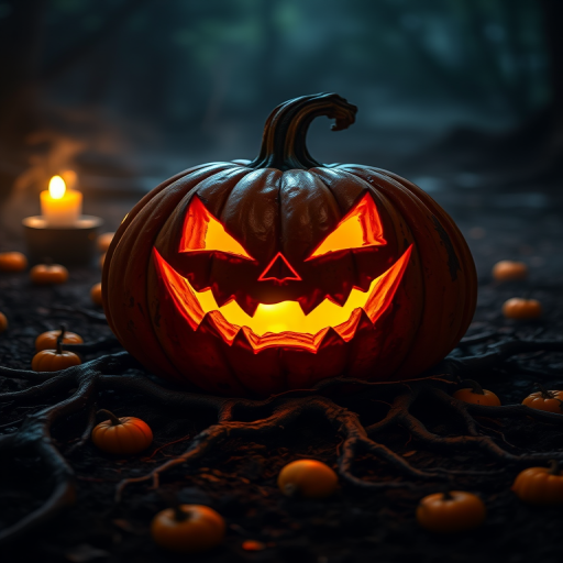 Create an image of a spooky Halloween pumpkin with a sinister grin illuminated from within sitting on a dark, muddy ground surrounded by twisted roots and small oranges scattered around, with a misty, eerie atmosphere and dim candlelight in the background.