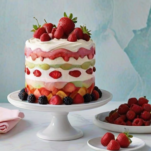 Create a vibrant, multi-layered cake decorated with fresh fruits like strawberries, raspberries, blackberries, and cherries. The cake should have a smooth frosting with a pastel color scheme and show a cross-section revealing its colorful layers. The setting should be a beautiful marble table with a light, inviting background.