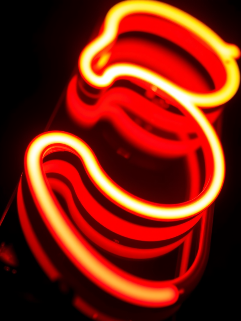 create a neon number 5 sign with a bright red and yellow color scheme on a black background, shot with a DSLR camera at f/2.8 aperture, 50mm lens, and ISO 100, using a low angle view to enhance detail and vibrancy