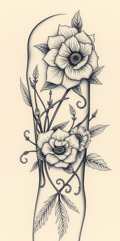Engraving-style tattoo titled "Etched Elegance" replicating the look of vintage illustrations with fine cross-hatching techniques and meticulous attention to detail