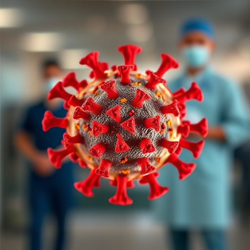macro shot of a 3D virus model with vibrant red and orange colors, blurred medical professionals in the background, shallow depth of field, f/2.8 aperture, 100mm lens, ISO 200, natural lighting, focus on the virus for sharp detail.