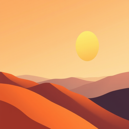 Create a serene landscape illustration featuring abstract hills and a large sun, with warm earthy tones, using a high-resolution digital camera, aperture f/8, ISO 100, and a wide-angle lens to capture a soft, dreamy effect.