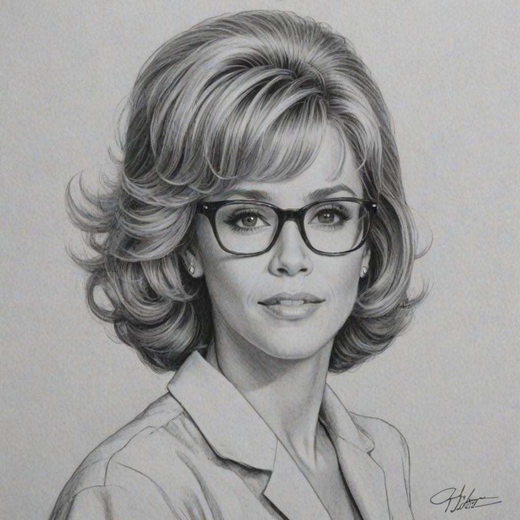 Pleasing Jane Fonda, pencil sketch, portrait of Appealing woman 1957s in glasses, hair style beatnik, outline, clear lines, fine lines, 8k