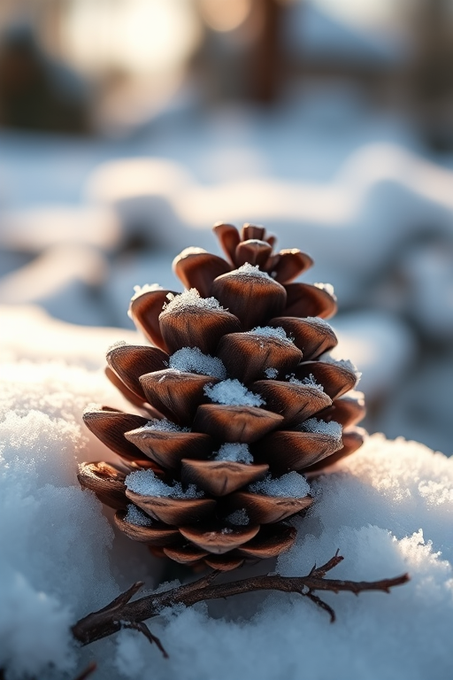 pine cone resting on snow, soft natural lighting, macro photography, aperture f/2.8, shutter speed 1/200s, ISO 100, focal length 50mm, DSLR camera, shallow depth of field, crisp details