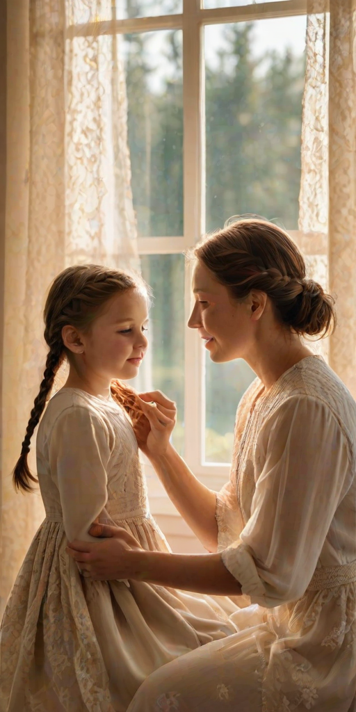Warm, intimate image of a mother braiding her daughter's hair by a sunny window, soft golden light illuminating their faces, with delicate lace curtains gently fluttering in the breeze.