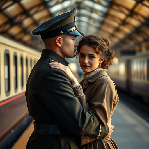 Generate a romantic scene of a soldier in a military uniform embracing a woman in vintage clothing at a train station, captured using a Canon EOS 5D Mark IV, 50mm lens, f/1.8 aperture, ISO 100, soft focus style, and natural lighting to enhance emotional depth and warmth.