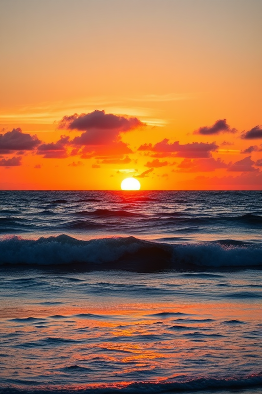 Create a high-resolution image of a sunset over the ocean with vibrant colors, using a DSLR camera, f/11 aperture, ISO 100, and a 24mm lens at a 1/60 second shutter speed, capturing the scene in a wide-angle view.