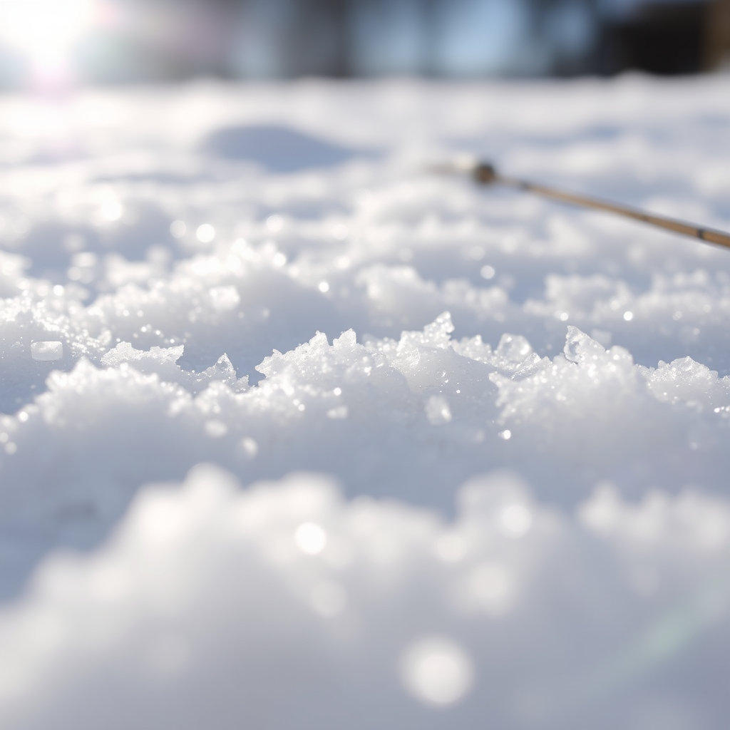 close-up of fresh snow covering the ground, capturing sparkling crystals in sunlight, shallow depth of field, ISO 100, f/2.8, 1/500 sec, macro lens, DSLR camera, natural light