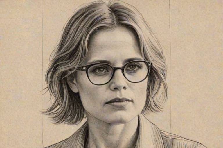 Fetching Kim Dickens, pencil sketch, portrait of Appealing woman 1922s in glasses, hair style beatnik, outline, clear lines, fine lines, 8k