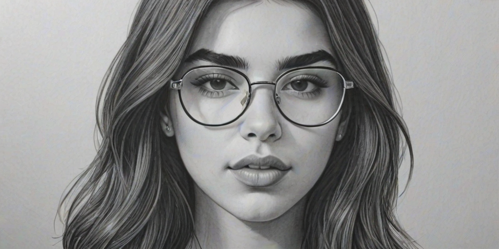 Magnificent Dua Lipa, pencil sketch, portrait of Wonderful woman 1964s in glasses, hair style beatnik, outline, clear lines, fine lines, 8k