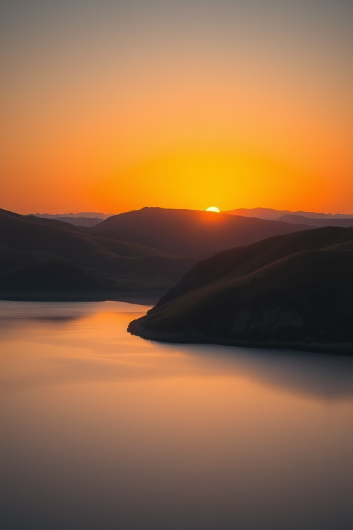 Create a high-resolution image of a serene landscape at sunset featuring rolling hills and a calm lake, captured with a Canon EOS R5, ISO 100, aperture f/8, shutter speed 1/125 sec, with a wide-angle lens at a 24mm focal length, featuring vibrant colors and soft lighting to enhance the atmosphere.