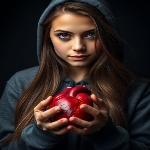 A close-up portrait of a young woman with long, flowing hair wearing a hooded sweatshirt, gently holding a human heart in her hands, dramatic lighting with a dark, moody background; camera settings: ISO 100, f/2.8, 1/125s; camera view: eye level; camera style: portrait; camera type: DSLR.