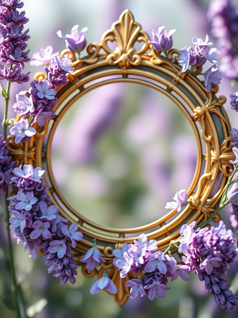Regenerate an ornate circular frame embellished with delicate lavender flowers and golden accents, shot with a DSLR camera in macro mode at f/2.8 aperture, 50mm lens, natural lighting.