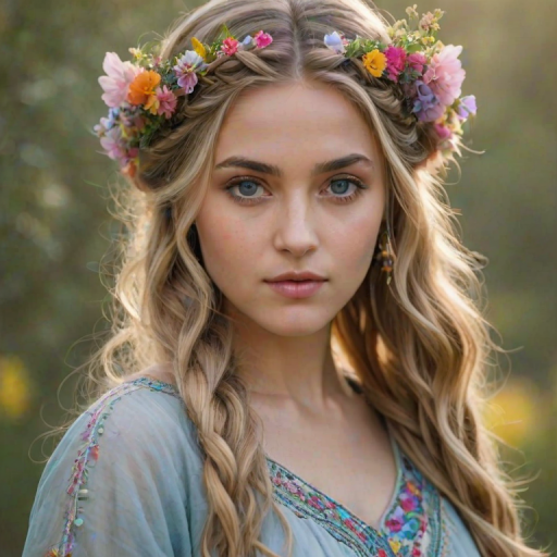 Create an image of a young Afghan woman with long, wavy blonde hair, adorned with small, colorful flowers woven into her braids and loose strands. Her complexion is fair, with soft, glowing skin, and she has light blue eyes that gaze softly at the viewer. She wears a light, flowing dress with a gentle, ethereal quality, complementing her delicate and serene appearance. The background is slightly blurred, drawing focus to her tranquil expression and the intricate details of the flowers in her hair. The overall mood of the image is one of natural beauty and grace, evoking a sense of peacefulness and connection with nature.