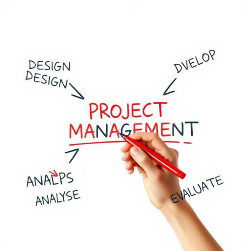 Create an image of a hand holding a red marker writing the words "PROJECT MANAGEMENT" in the center with arrows pointing to the words "DESIGN," "DEVELOP," "ANALYSE," and "EVALUATE," captured in high resolution, with a wide-angle lens, aperture f/4, ISO 100, soft natural lighting, and a clean white background.