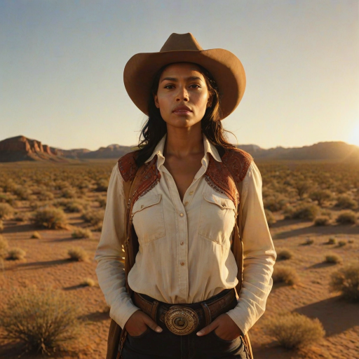 Dramatic photo of a beautiful Aboriginal Australian woman, classic cowboy attire, confident and free spirit expression, half-length portrait, centered, golden hour desert landscape, warm, diffused light, low angle, medium format film camera, in style of Annie Leibovitz.