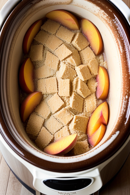 peach cobbler in a crock pot with cake mix