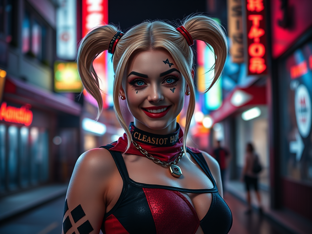 Generate a high-resolution image of a female character inspired by Harley Quinn in a neon-lit urban setting at night, captured with a Canon EOS R5, 50mm lens, aperture f/1.8, ISO 100, and a shallow depth of field for a dramatic focus.