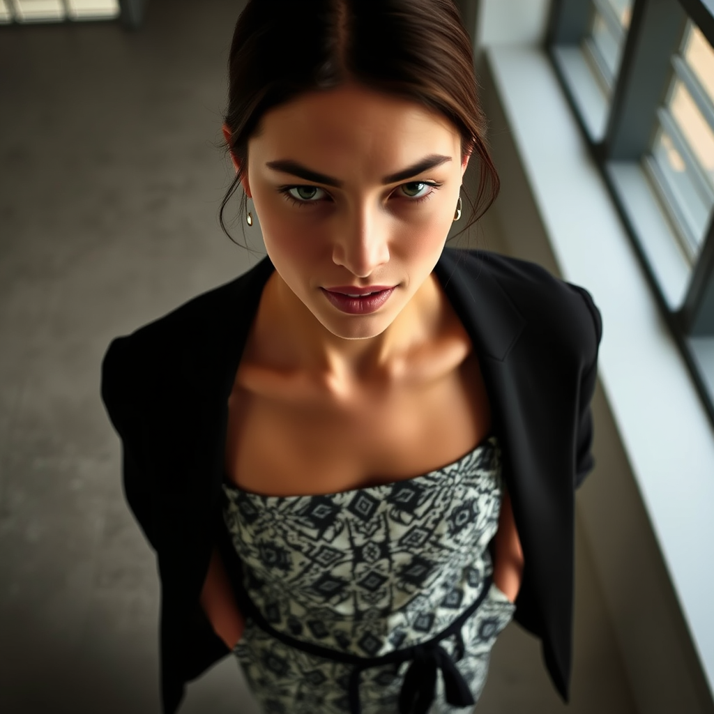 Capture the model from a high angle, emphasizing the outfit’s pattern and silhouette. Use a 35mm prime lens to maintain sharpness and minimize distortion