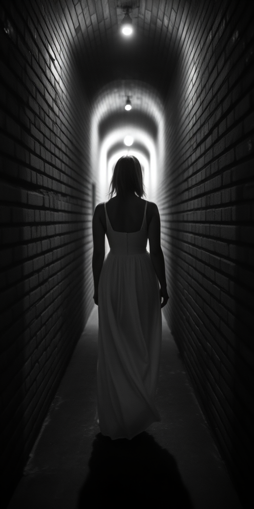 a ghostly figure of a woman in a flowing white dress, standing in a dimly lit, narrow corridor with brick walls, captured in high contrast monochrome, using a Canon EOS R5, 50mm lens, f/1.8 aperture, ISO 100, slow shutter speed for motion blur effect, soft focus style