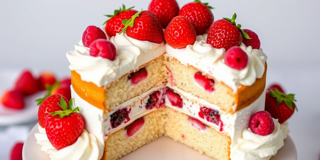 A beautifully decorated layered cake with fresh strawberries and raspberries on top surrounded by whipped cream, showcasing a slice removed to reveal the cake's interior layers of sponge and berry filling.