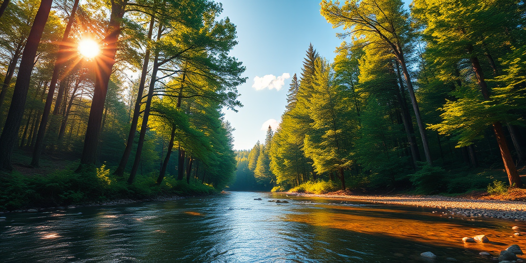Create an image of a serene, sunlit forest scene with a clear, gently flowing river. Tall trees with lush green foliage line both sides of the river, their leaves bathed in the warm golden light of the setting or rising sun. The sunlight filters through the trees, casting soft, dappled light on the river, which flows over smooth rocks and pebbles, creating a peaceful, natural atmosphere. The sky is bright with a few scattered clouds, and the overall mood is tranquil, evoking a deep sense of connection with nature. The image captures the beauty of a calm, pristine forest landscape at either dawn or dusk.