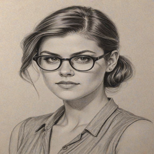 Charming Lindsey Shaw, pencil sketch, portrait of Fascinating woman 1934s in glasses, hair style beatnik, outline, clear lines, fine lines, 8k