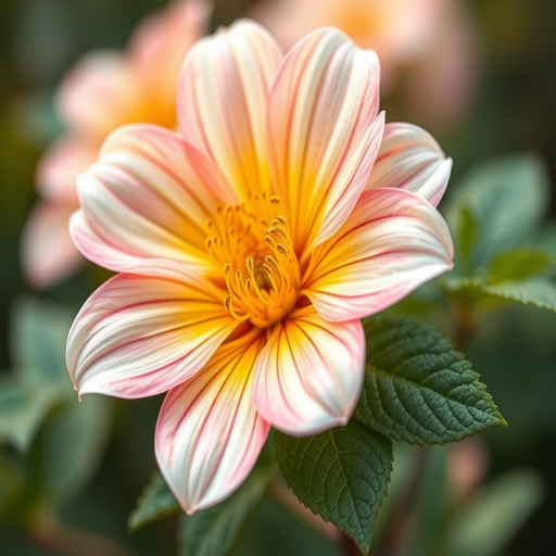 Create a high-resolution illustration of a blooming flower with detailed leaves, using a macro lens at f/2.8 for soft background bokeh, shot from a slightly elevated angle using a DSLR camera, focusing on vibrant colors and intricate details.