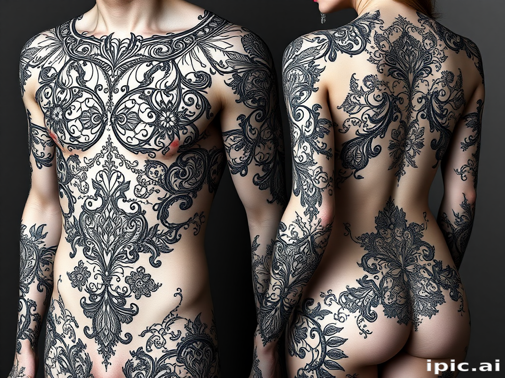 Ornamental blackwork tattoo showcasing intricate lace-like patterns and delicate filigree designs, forming a stunning full-body suit with strategically placed negative space