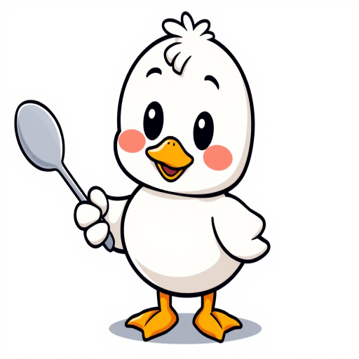 Cute cartoon duck character holding a spoon with a cheerful expression, simple and colorful design against a light background.