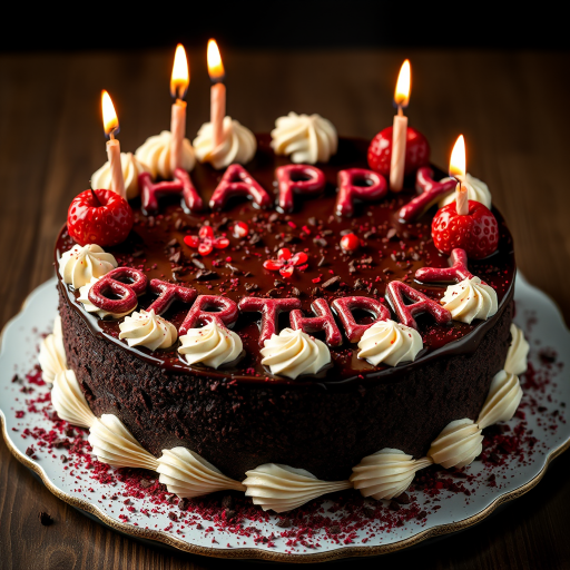 black forest gateau cake, spelling out the words "HAPPY BDAY", tasty, food photography, dynamic shot