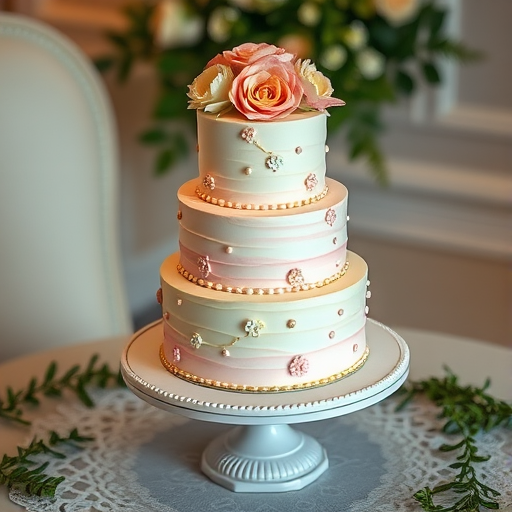 A beautifully decorated layered cake on an elegant display stand. The cake has three tiers, each covered in smooth, pastel-colored frosting, with delicate floral patterns and edible gold accents. The top tier is adorned with fresh flowers like roses and peonies, adding a touch of elegance. The setting is a vintage-style table with lace and greenery, creating a luxurious yet cozy atmosphere. Soft, warm lighting enhances the cake's details, giving it a dreamy and enchanting look, perfect for a special celebration or wedding.