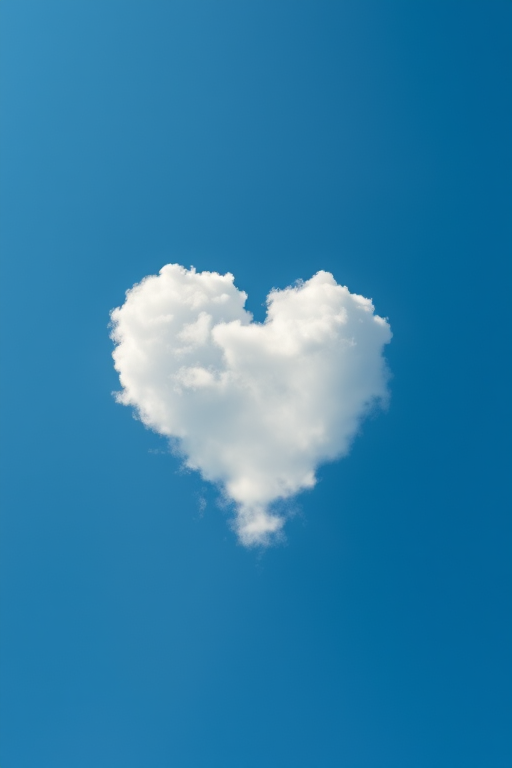 Create a high-resolution image of a heart-shaped cloud in a clear blue sky, using a Canon EOS R5 with a 50mm f/1.2 lens, aperture set at f/8, shutter speed at 1/200 sec, ISO 100, taken from a wide-angle view to emphasize the sky.