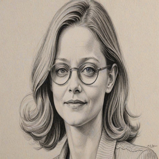 Bewitching Jodie Foster, pencil sketch, portrait of Enticing woman 1943s in glasses, hair style beatnik, outline, clear lines, fine lines, 8k