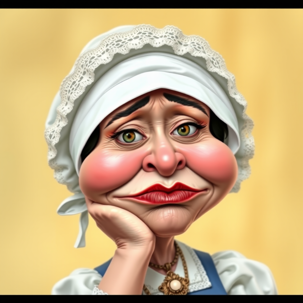 The image is a caricature of a woman with exaggerated features. She is wearing a white bonnet with lace trim and a white blouse with a blue bodice. She is leaning her chin on her hand with a bored or tired expression. Her lips are full and pouty, her cheeks are round and puffy, and her eyes are wide and slightly crossed. Her nose is long and thin, and her brows are furrowed. She is wearing a necklace with a large, ornate pendant. The background is a soft, blurry yellow. The overall effect is humorous and slightly grotesque.