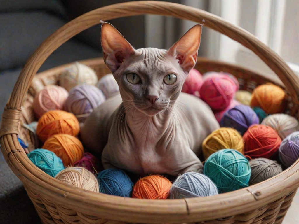 A serene portrait of a sphinx cat nestled in a cozy basket, surrounded by colorful yarn balls, with soft, diffused light capturing the relaxed demeanor and unique features of its hairless coat