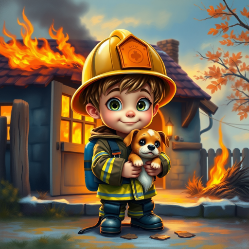 airbrushed oil painting, pixar style, cute little boy in fireman gear, helmet, tousled hair, expressive eyes, standing in the doorstep of a cottage burning behind him, holding a cute little dog in his arm, atumn sky