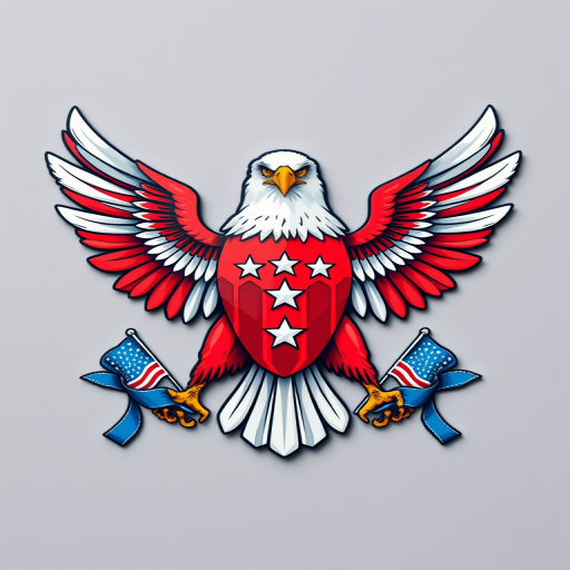 Regenerate a detailed graphic of a stylized eagle with red, white, and blue colors, two American flags in its talons, three stars on its chest, surrounded by a blue banner at the top and two blue ribbons at the bottom, high resolution, 300 dpi, shot from a frontal view, using a Canon EOS 5D Mark IV with an f/8 aperture and 50mm lens, flat lay style.