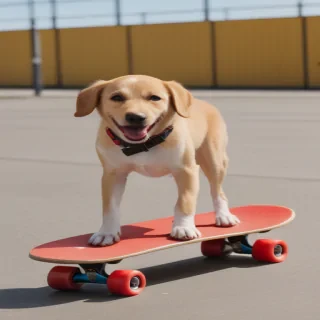 an image of a dog on a red skateboard