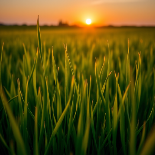 Generate a high-resolution image of a lush green grass field during sunset, with a shallow depth of field, shot at f/2.8, ISO 100, and a focal length of 50mm using a DSLR camera in landscape orientation.