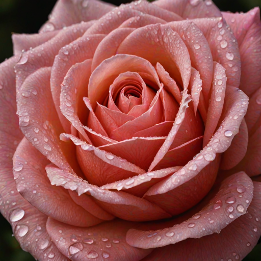 Create an image of a single rose with dew drops on its petals. The rose should be in full bloom and the background should be blurred with a hint of greenery. The rose should be captured from a side angle, showcasing its vibrant color and intricate petal structure.