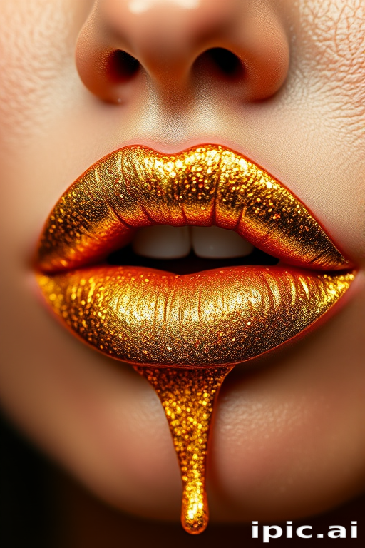 Glittery gold liquid lipstick "Midas Touch" combining intense metallic pigments with fine glitter particles for a dazzling and luxurious lip look
