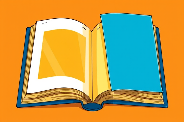 Create a vector illustration of an open photo book with a blue cover and yellow pages, on an orange background, using a digital art style, with a focus on bright colors and clean lines, simulating a 50mm lens, f/2.8 aperture, and ISO 100 for clarity.