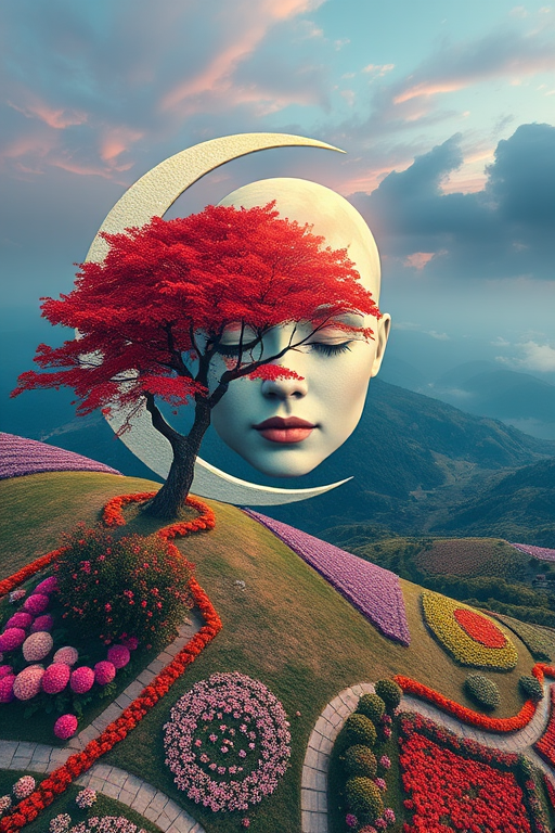 Create a serene landscape with a large, tranquil face integrated into a crescent moon, surrounded by intricate floral patterns and a vibrant tree reflecting the seasons, using a soft focus lens, f/2.8 aperture, ISO 100, drone shot for an aerial view, and vibrant colors to enhance the dreamy atmosphere.
