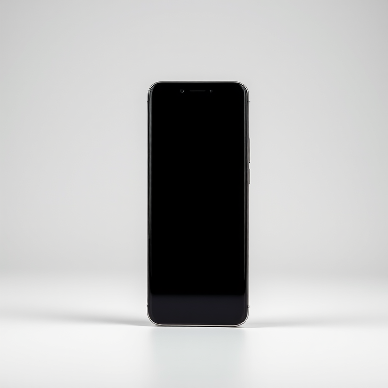 Create a high-resolution image of a smartphone with a clean screen, using a 50mm lens at f/1.8, ISO 100, 1/125 sec, frontal view, soft lighting, and a modern photography style.